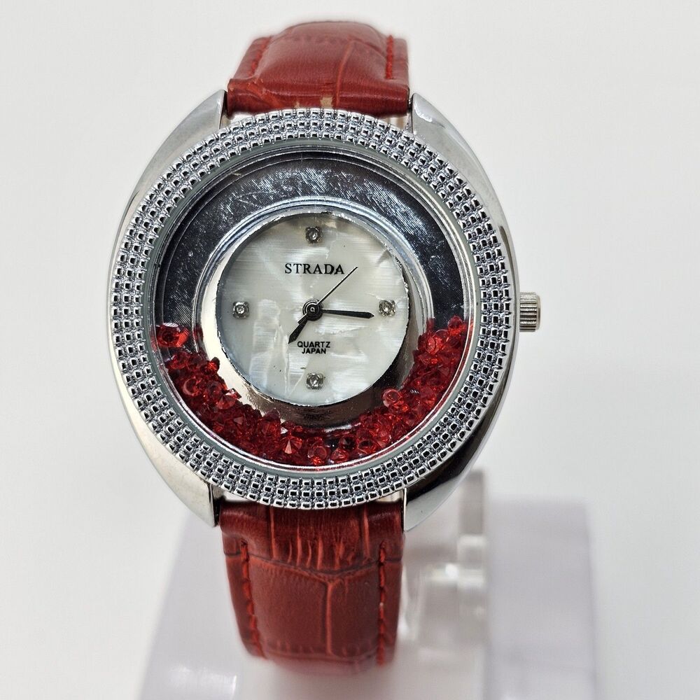 Strada Women’s Watch 40MM Red Leather Bands‎ Floating Crystals New Battery